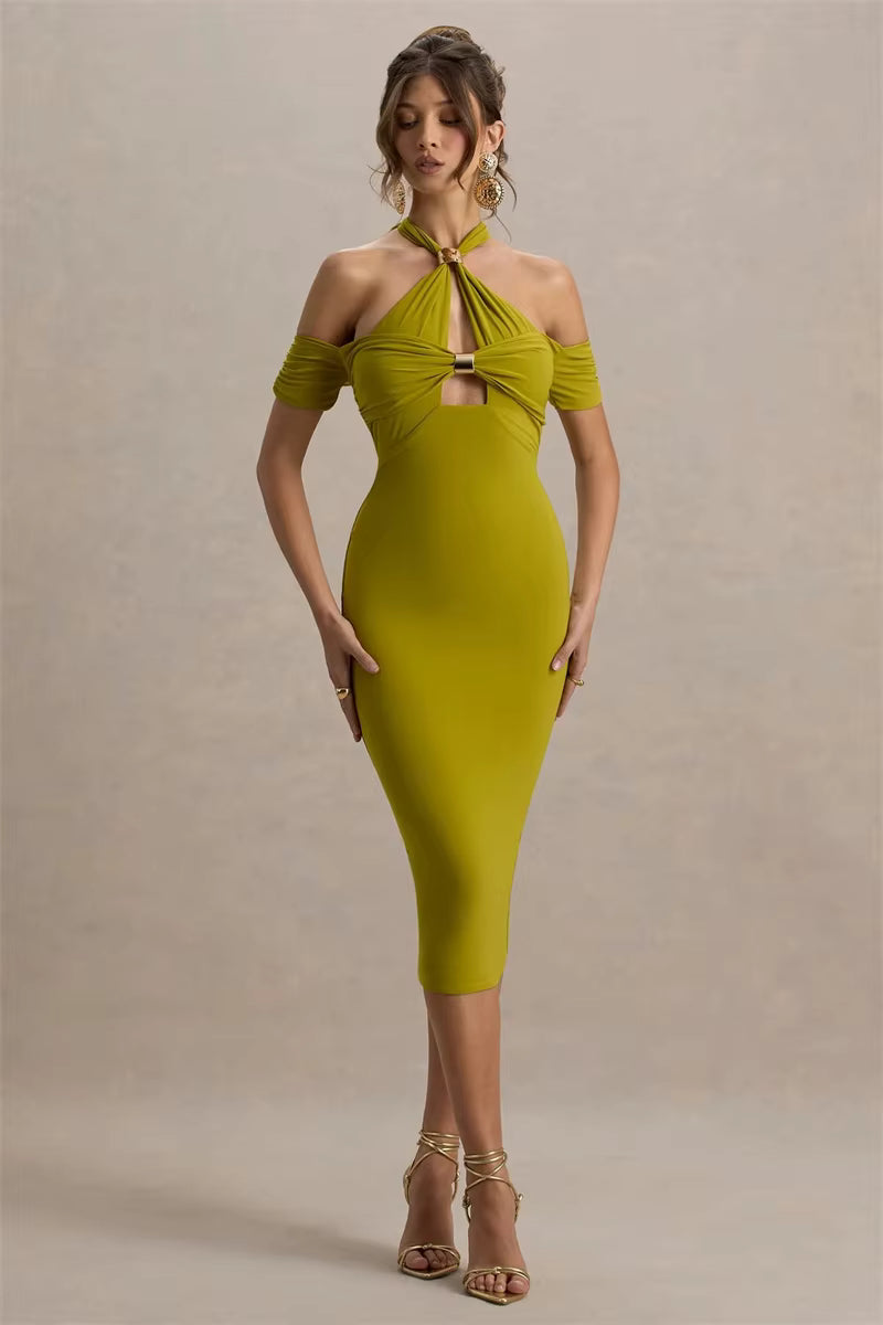 Elegant Hollow Out Solid Halter A-LINE Backless  Off-shoulder Sleeveless Midi Dress