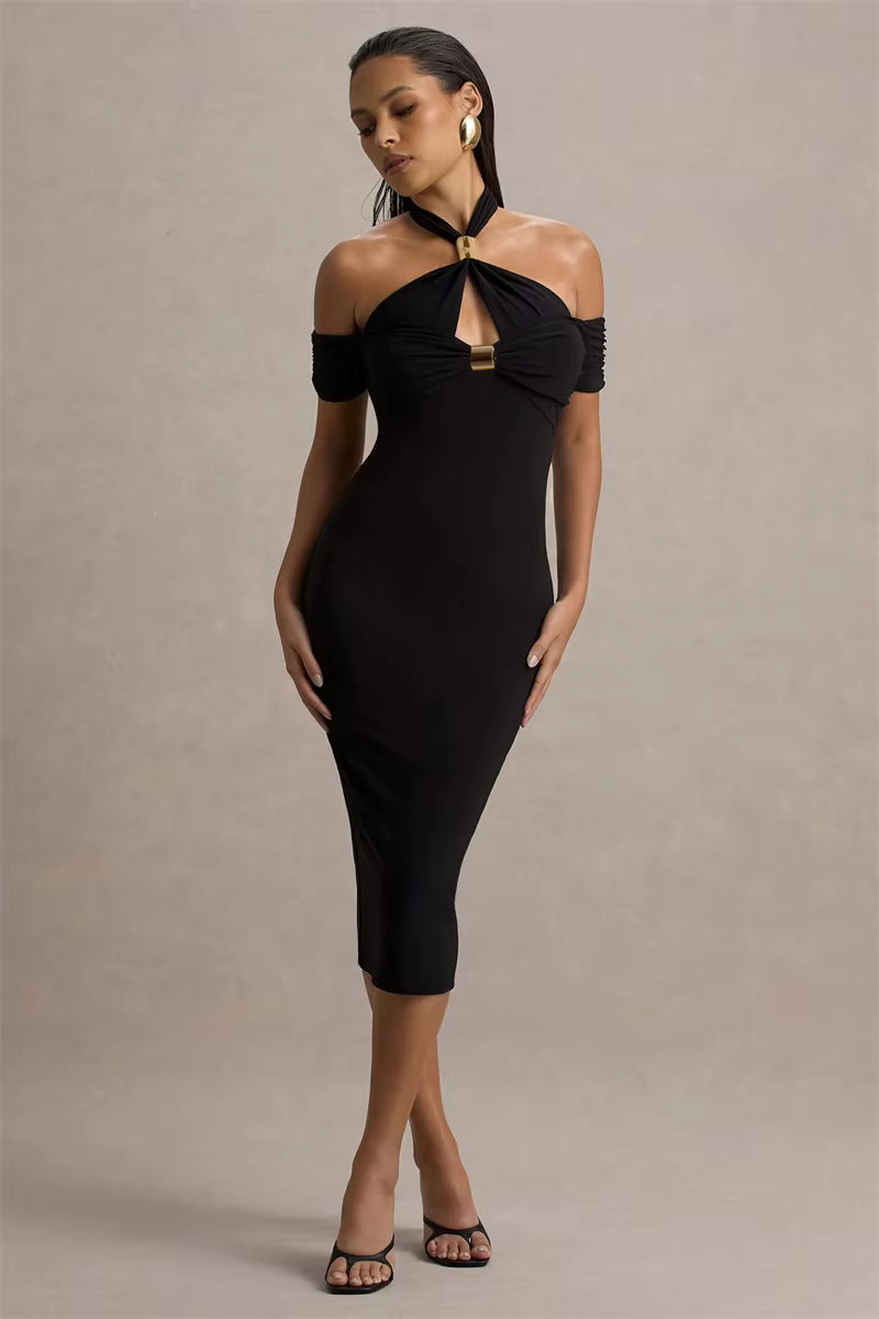 Elegant Hollow Out Solid Halter A-LINE Backless  Off-shoulder Sleeveless Midi Dress