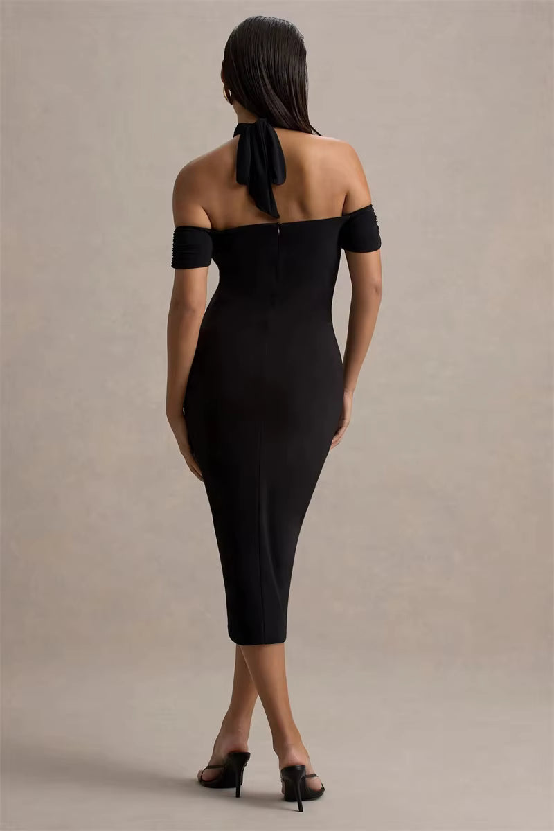 Elegant Hollow Out Solid Halter A-LINE Backless  Off-shoulder Sleeveless Midi Dress