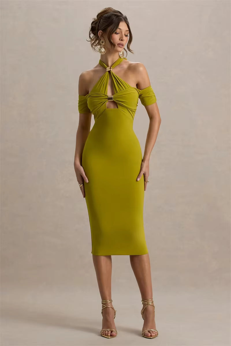 Elegant Hollow Out Solid Halter A-LINE Backless  Off-shoulder Sleeveless Midi Dress