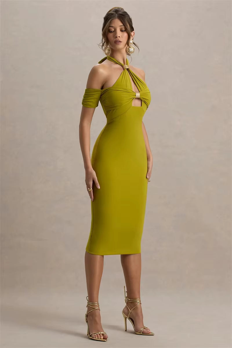 Elegant Hollow Out Solid Halter A-LINE Backless  Off-shoulder Sleeveless Midi Dress