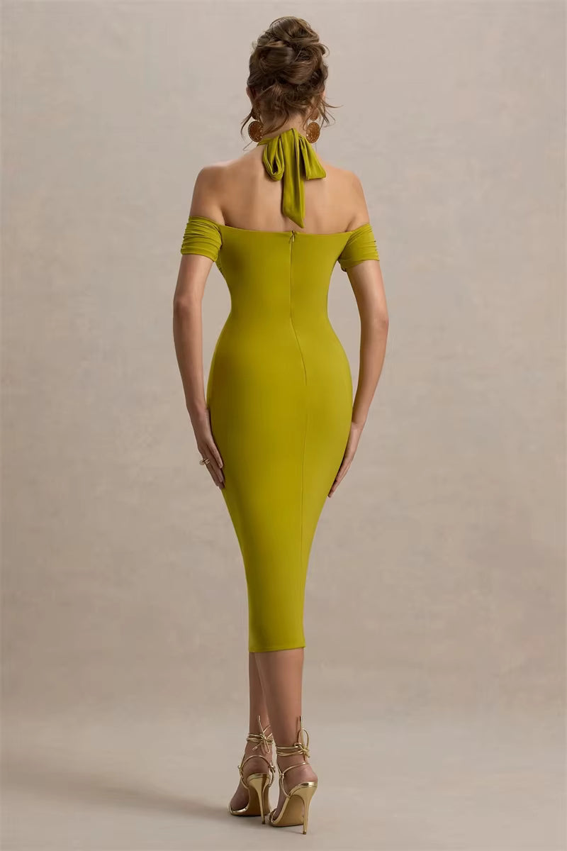 Elegant Hollow Out Solid Halter A-LINE Backless  Off-shoulder Sleeveless Midi Dress