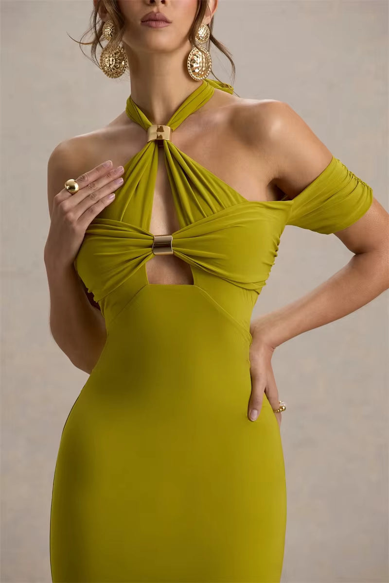 Elegant Hollow Out Solid Halter A-LINE Backless  Off-shoulder Sleeveless Midi Dress