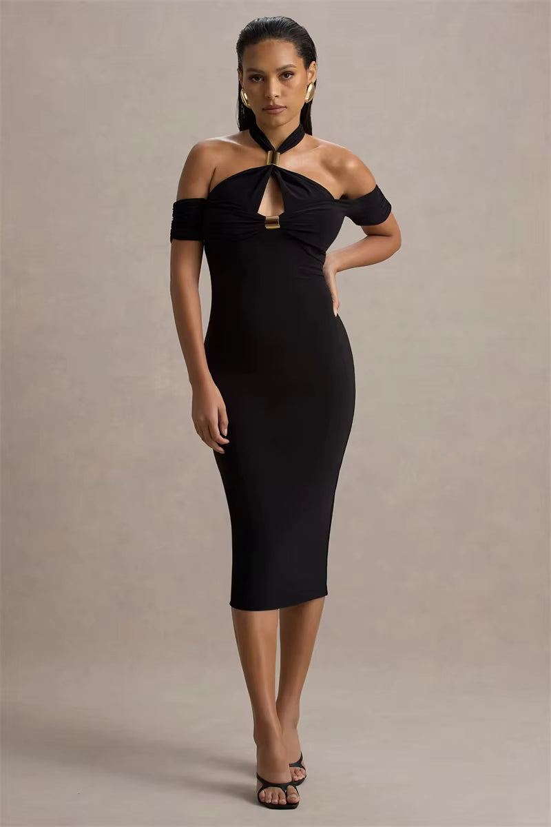 Elegant Hollow Out Solid Halter A-LINE Backless  Off-shoulder Sleeveless Midi Dress