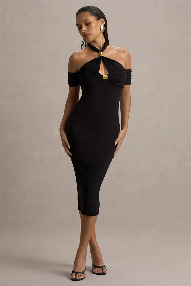 Elegant Hollow Out Solid Halter A-LINE Backless  Off-shoulder Sleeveless Midi Dress