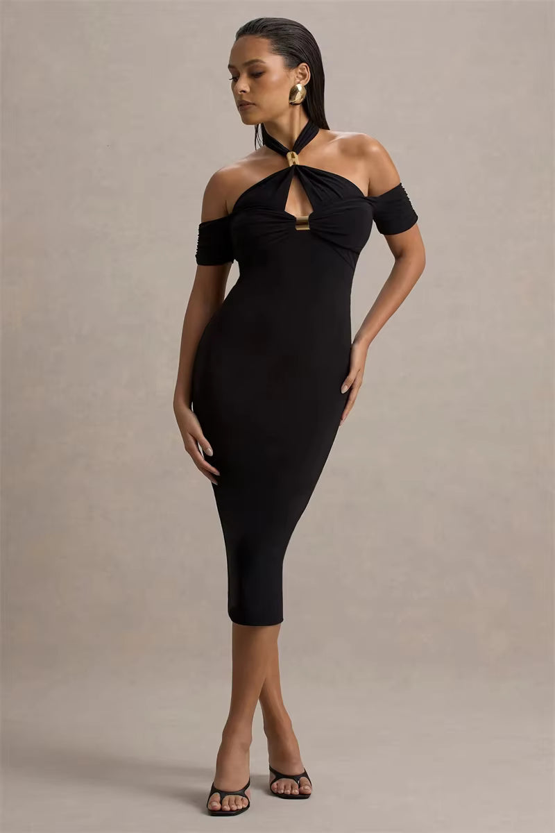 Elegant Hollow Out Solid Halter A-LINE Backless  Off-shoulder Sleeveless Midi Dress