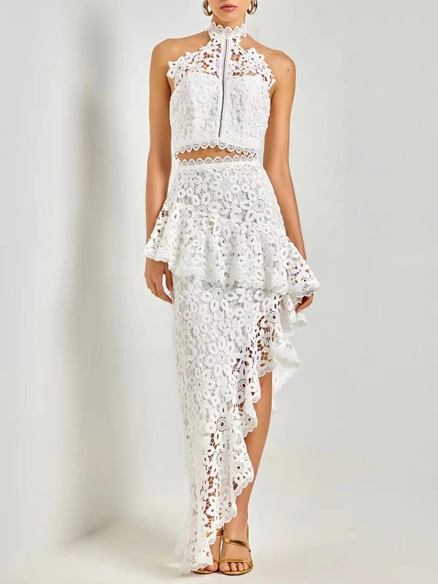 Elegant Hollow Out Spliced Lace Round Neck Sleeveless Top High Wasit Skirt Set