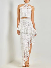 Elegant Hollow Out Spliced Lace Round Neck Sleeveless Top High Wasit Skirt Set