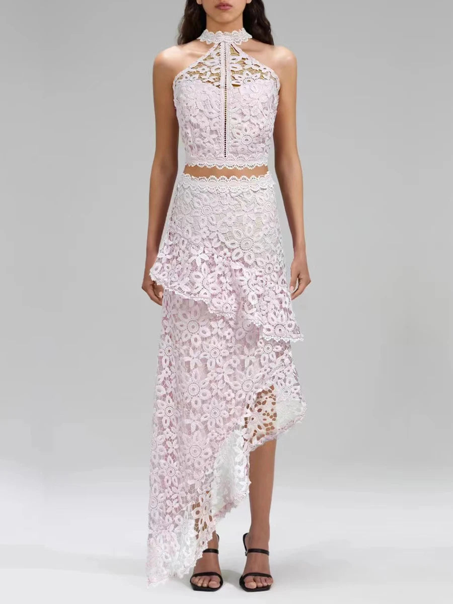 Elegant Hollow Out Spliced Lace Round Neck Sleeveless Top High Wasit Skirt Set