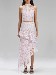 Elegant Hollow Out Spliced Lace Round Neck Sleeveless Top High Wasit Skirt Set