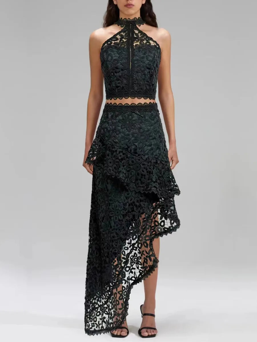 Elegant Hollow Out Spliced Lace Round Neck Sleeveless Top High Wasit Skirt Set