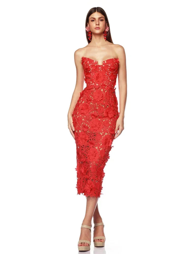 Elegant Hollow Out Strapless Embroidery Flower Lace Bodycon Midi Dress