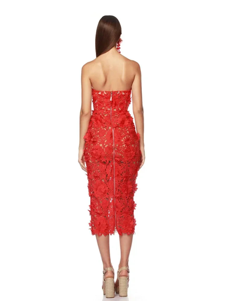 Elegant Hollow Out Strapless Embroidery Flower Lace Bodycon Midi Dress