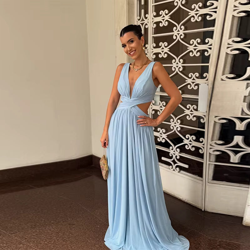 Elegant Hollow Out  V-neck Sleeveless Backless Pleated Long Maxi Dress