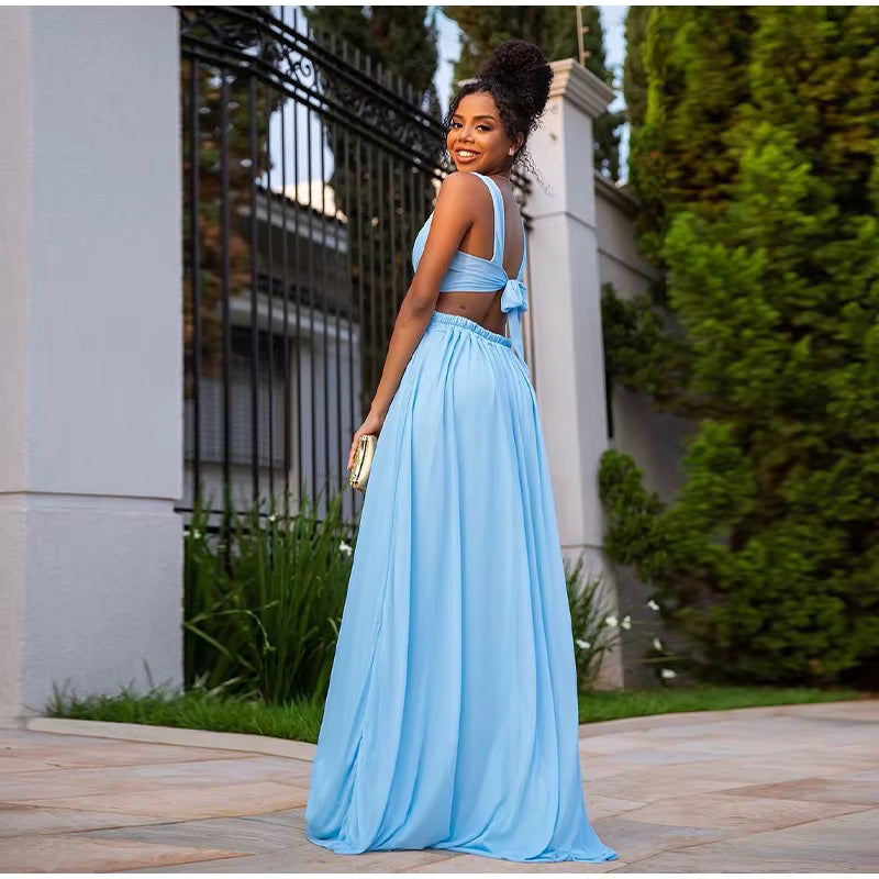 Elegant Hollow Out  V-neck Sleeveless Backless Pleated Long Maxi Dress