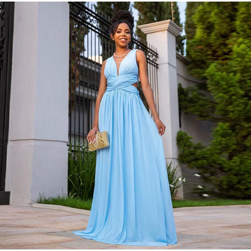 Elegant Hollow Out  V-neck Sleeveless Backless Pleated Long Maxi Dress