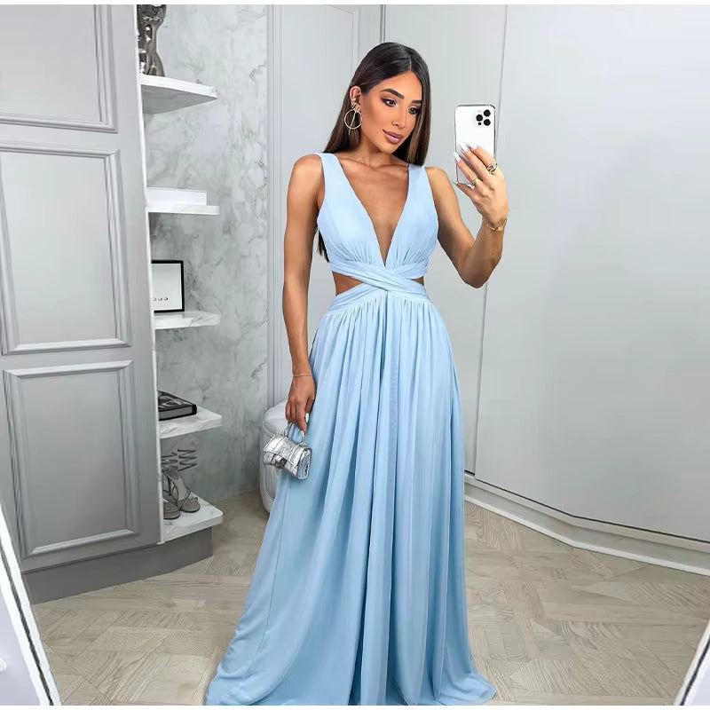 Elegant Hollow Out  V-neck Sleeveless Backless Pleated Long Maxi Dress