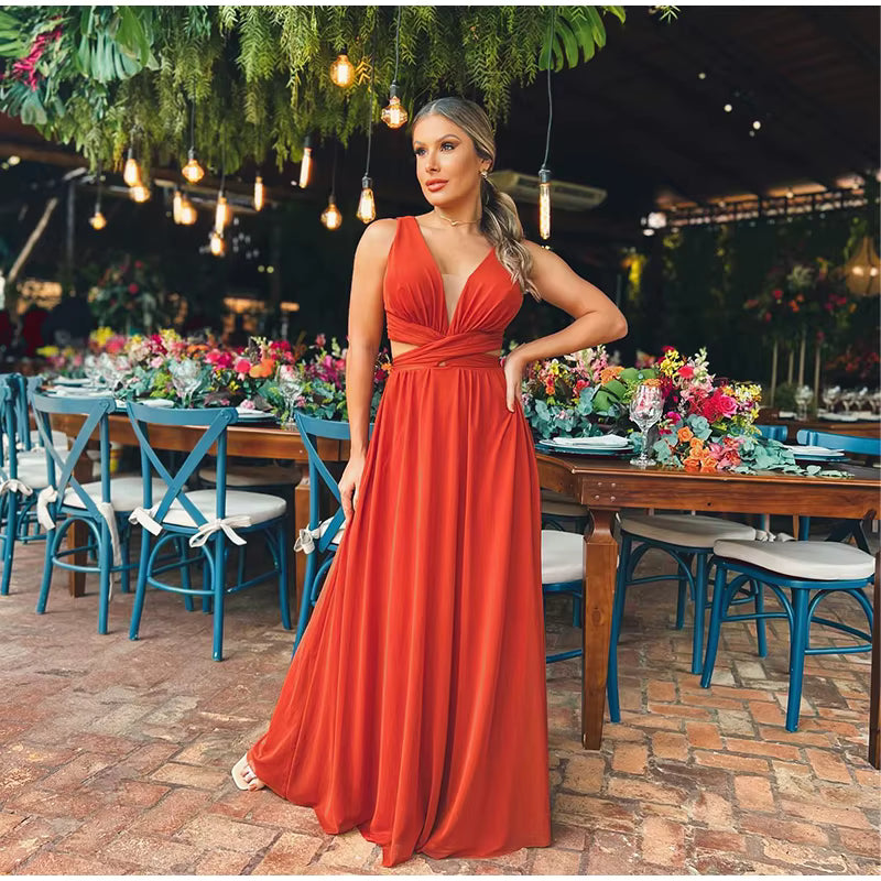 Elegant Hollow Out  V-neck Sleeveless Backless Pleated Long Maxi Dress