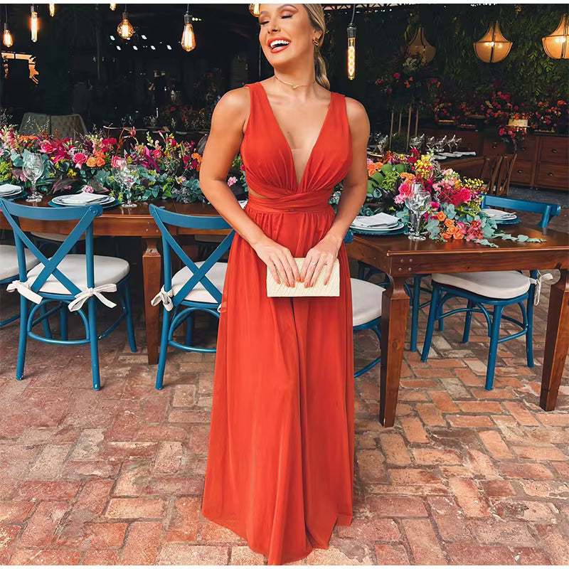 Elegant Hollow Out  V-neck Sleeveless Backless Pleated Long Maxi Dress