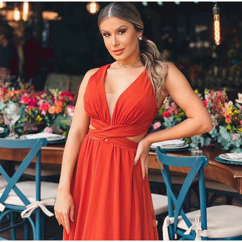 Elegant Hollow Out  V-neck Sleeveless Backless Pleated Long Maxi Dress