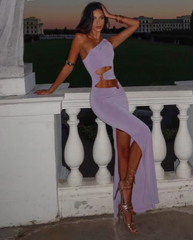 Elegant Hollow Ring Clasp Chic One Shoulder Elastic Solid Birthday Party Maxi Dress