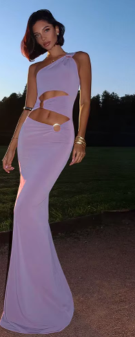Elegant Hollow Ring Clasp Chic One Shoulder Elastic Solid Birthday Party Maxi Dress