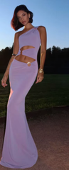 Elegant Hollow Ring Clasp Chic One Shoulder Elastic Solid Birthday Party Maxi Dress
