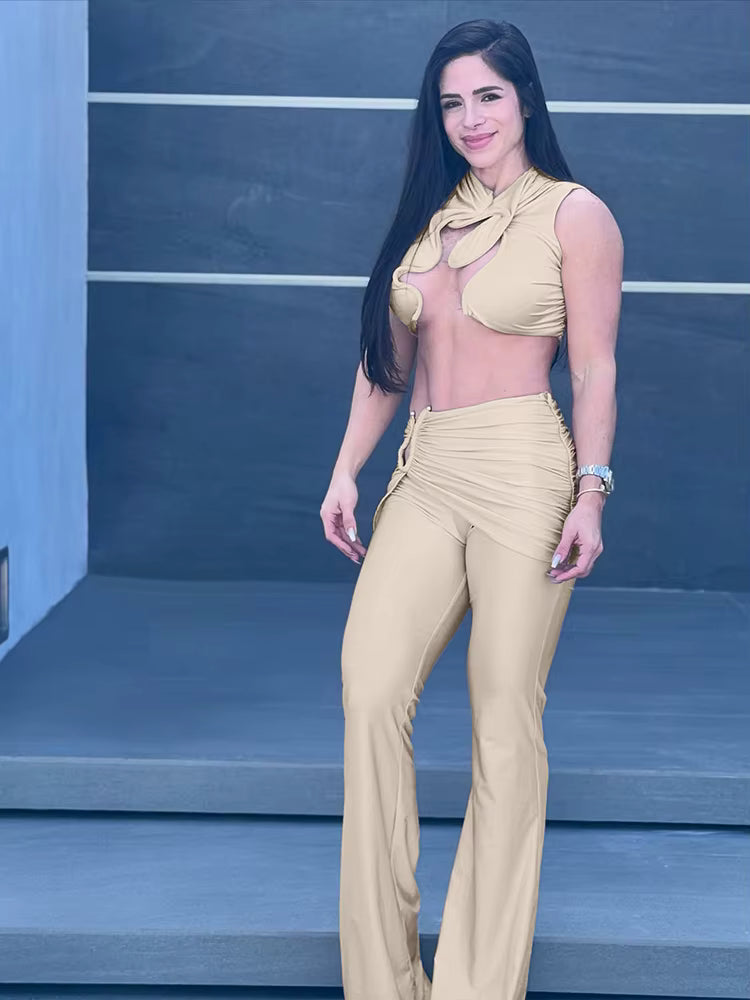 Elegant Hollow Silky Tank Tops Shirring Ankle-Length Pants 2 Piece Set