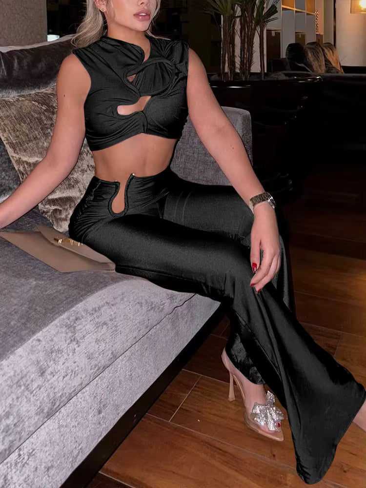 Elegant Hollow Silky Tank Tops Shirring Ankle-Length Pants 2 Piece Set