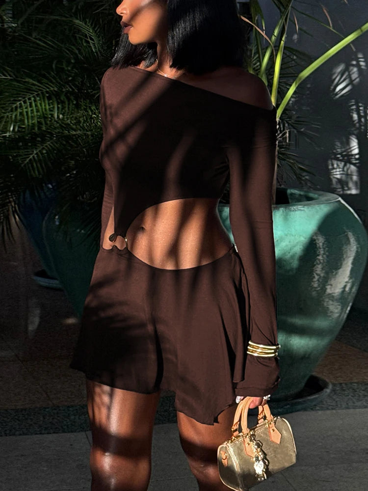 Elegant Hollow Skew Collar Off Shoulder Full Sleeve Rings Patchwork Ruched Mini Bodycon Dress