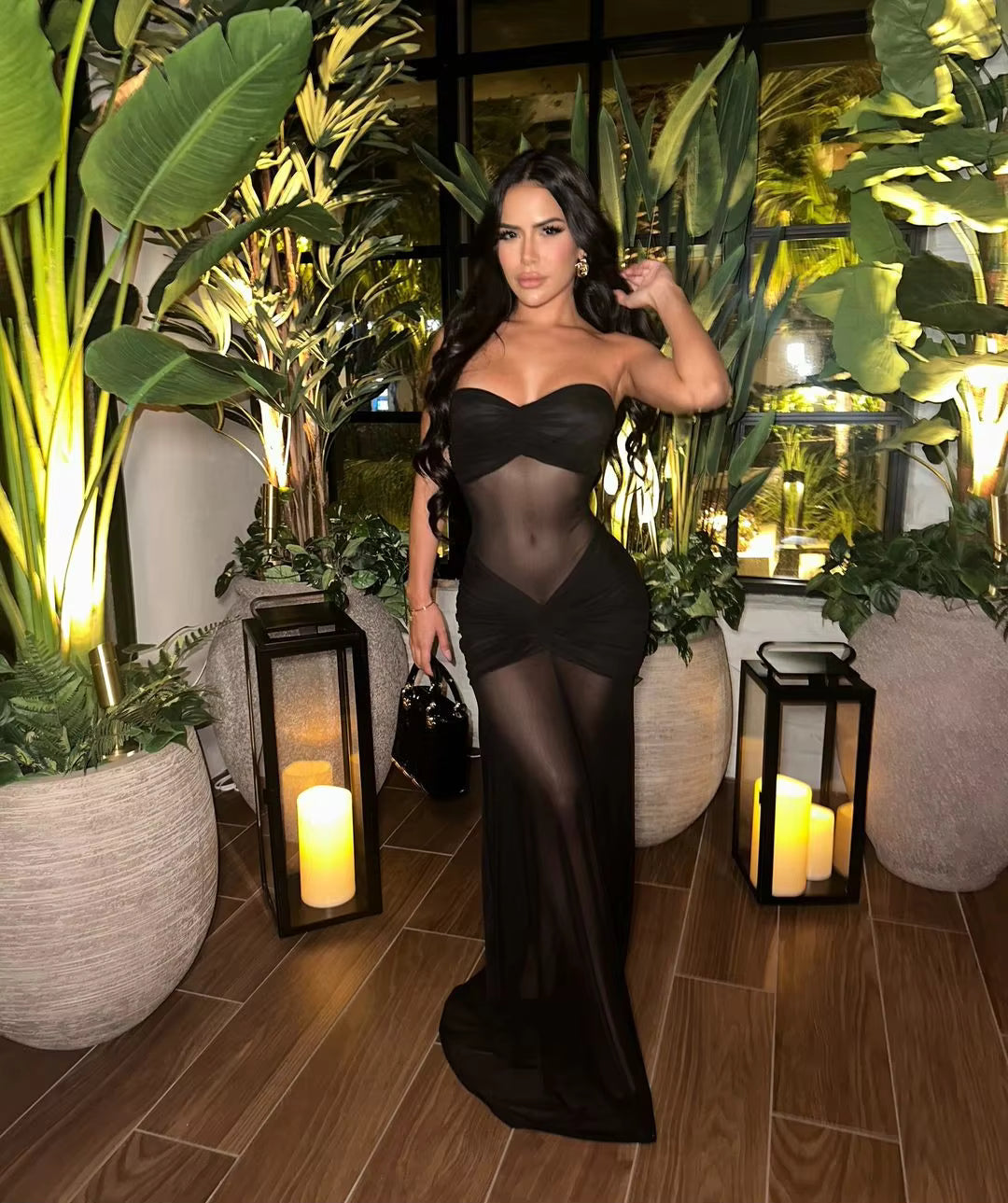 Elegant Hollow Strapless Elastic Slim Fit Patchwork Maxi Dress