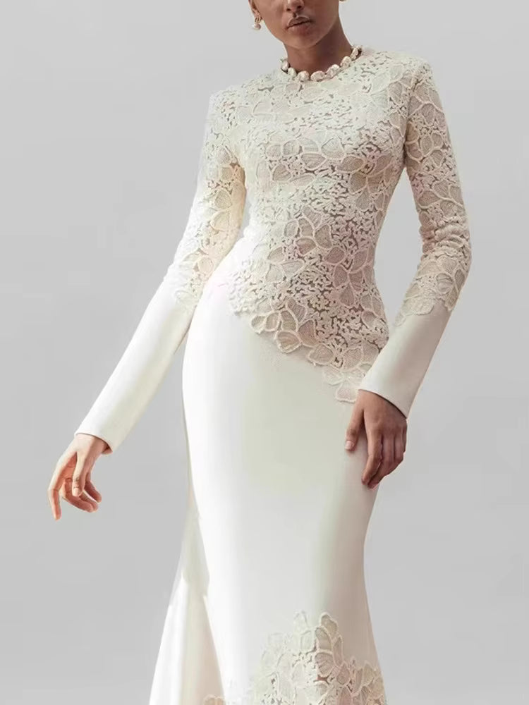 Elegant Hook Flower Hollow Out Long-Sleeve Maxi Dress