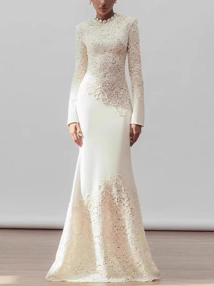 Elegant Hook Flower Hollow Out Long-Sleeve Maxi Dress