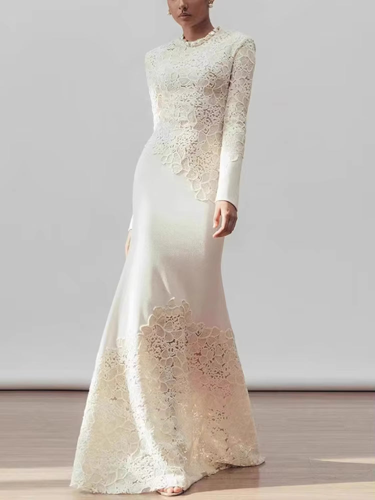 Elegant Hook Flower Hollow Out Long-Sleeve Maxi Dress
