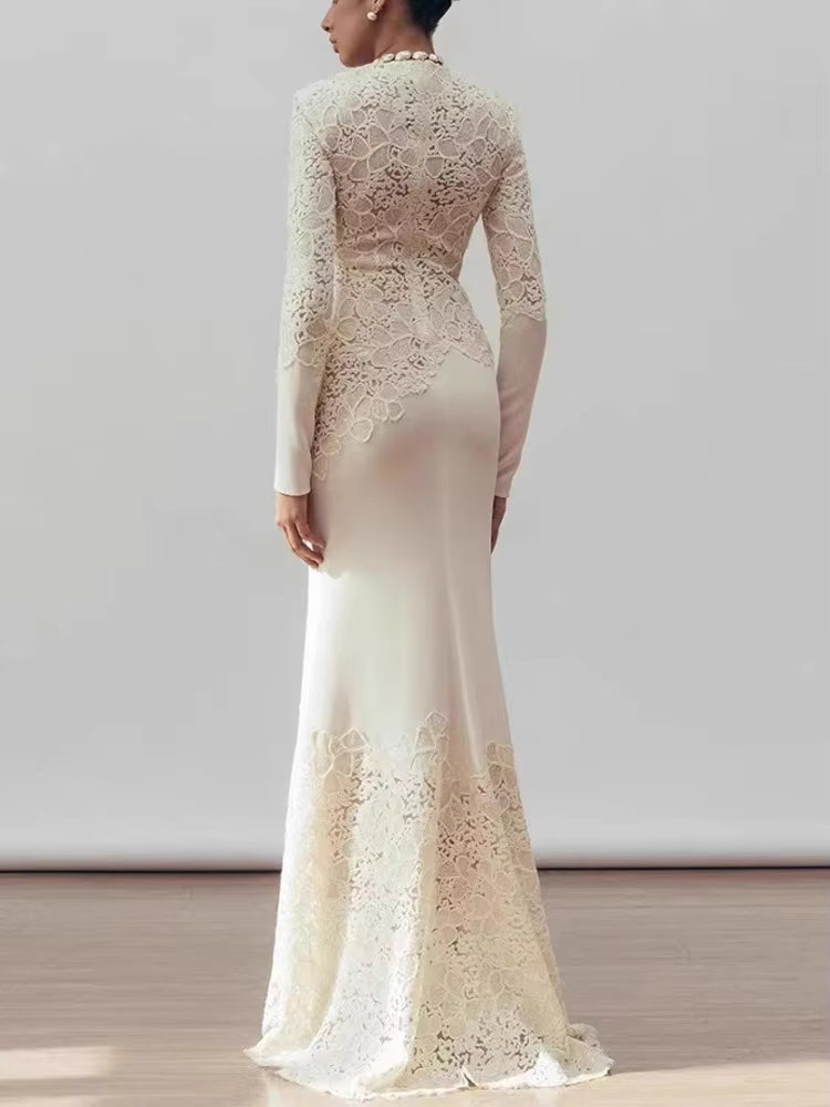Elegant Hook Flower Hollow Out Long-Sleeve Maxi Dress