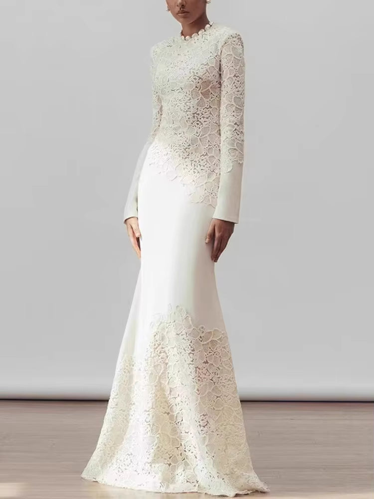 Elegant Hook Flower Hollow Out Long-Sleeve Maxi Dress