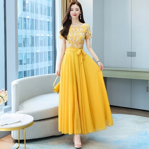 Elegant Round Collar Lace Chiffon Casual Long Dresses
