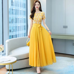 Elegant Round Collar Lace Chiffon Casual Long Dresses