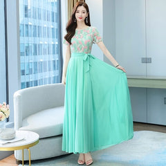 Elegant Round Collar Lace Chiffon Casual Long Dresses