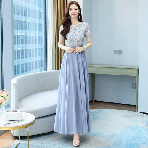 Elegant Round Collar Lace Chiffon Casual Long Dresses