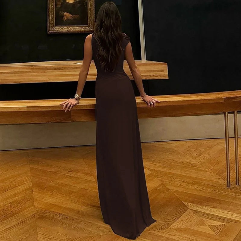 Elegant Inclined Shoulder Backless Sleeveless See Through Draped Club Long Dress