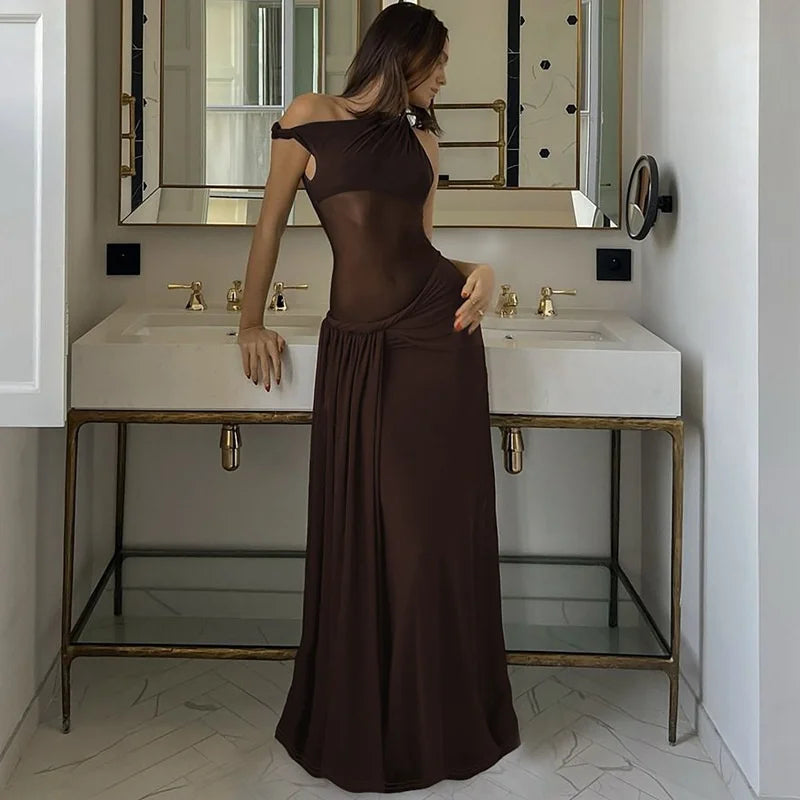 Elegant Inclined Shoulder Backless Sleeveless See Through Draped Club Long Dress