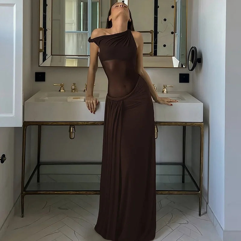 Elegant Inclined Shoulder Backless Sleeveless See Through Draped Club Long Dress