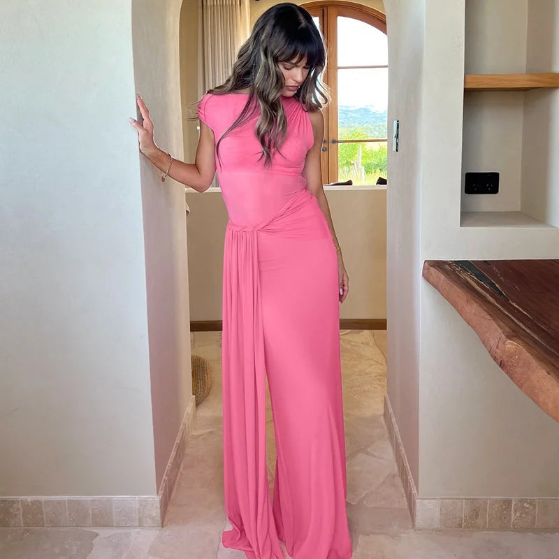 Elegant Inclined Shoulder Backless Sleeveless See Through Draped Club Long Dress
