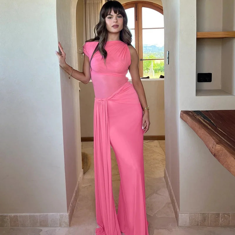 Elegant Inclined Shoulder Backless Sleeveless See Through Draped Club Long Dress