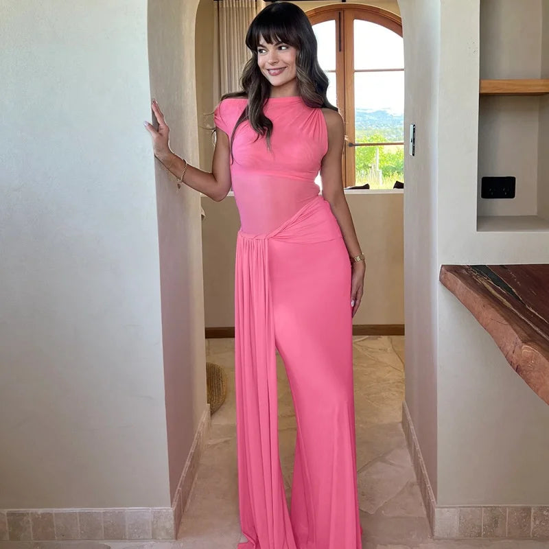Elegant Inclined Shoulder Backless Sleeveless See Through Draped Club Long Dress