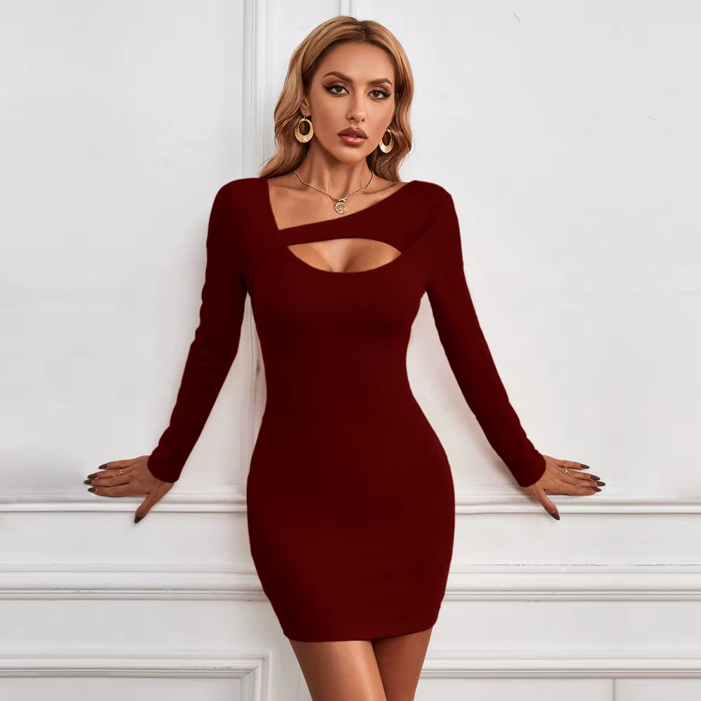 Elegant Irregular Collar Spice Long Sleeve Mini Dress