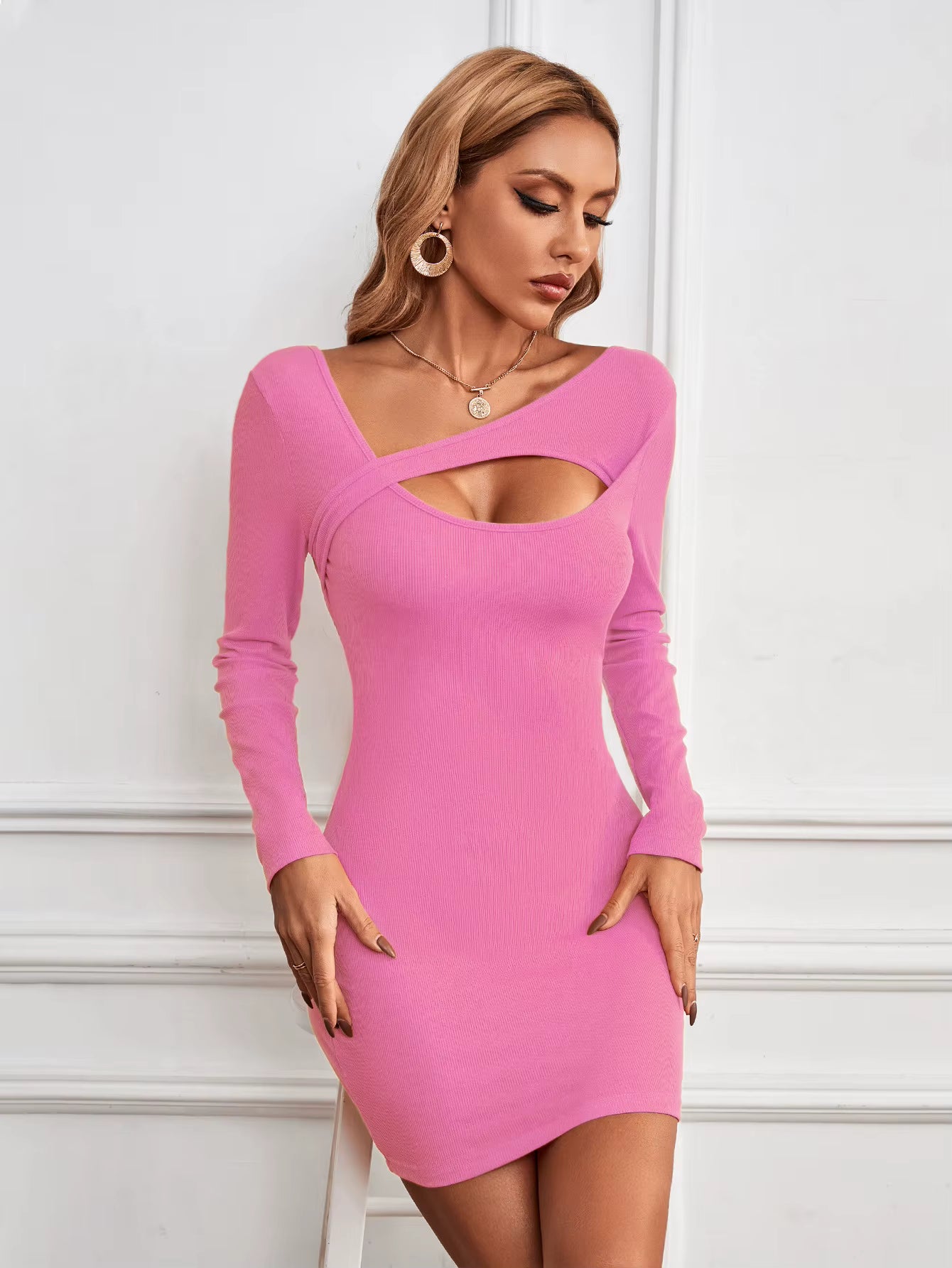 Elegant Irregular Collar Spice Long Sleeve Mini Dress