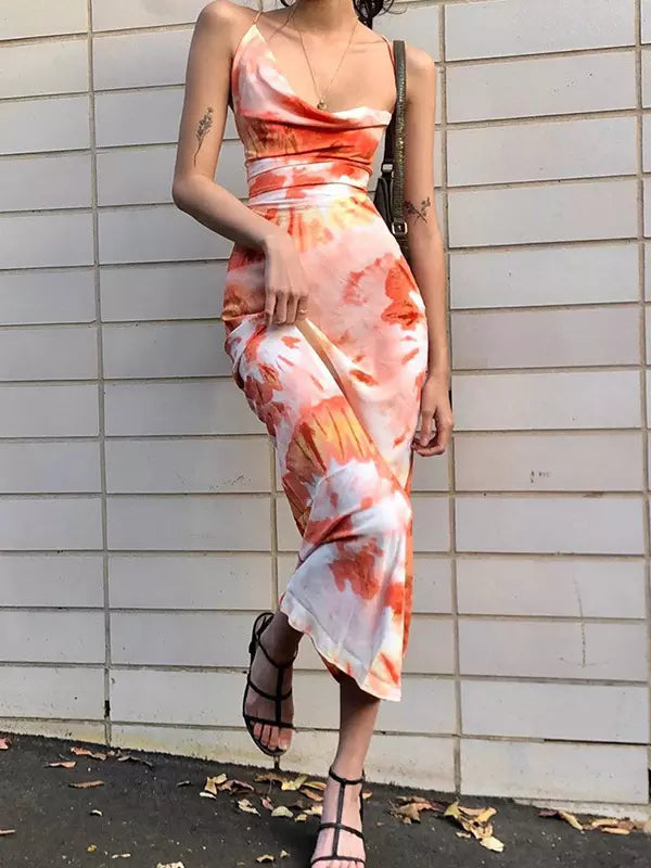 Elegant Irregular Design Floral Printed Sleeveless Slip Dress