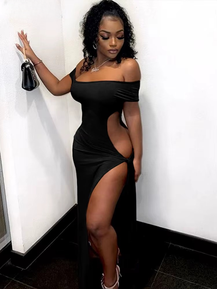Elegant Irregular Hollow Diagonal Collar Sleeveless Bandage Tassel Long Bodycon Dress